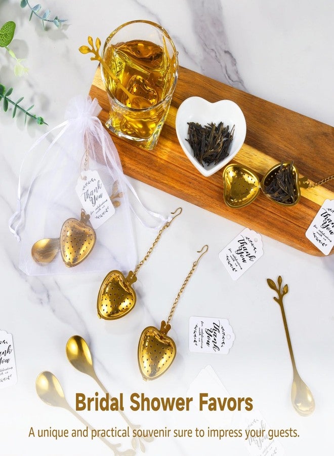 Homaisson 25 Sets Bridal Shower Tea Party Favor for Guest Leaf Tea Spoon Heart Shape Infuser Ball for Loose with Thank You Card Organza Bag Wedding Souvenir Gift(Gold) - Image 4