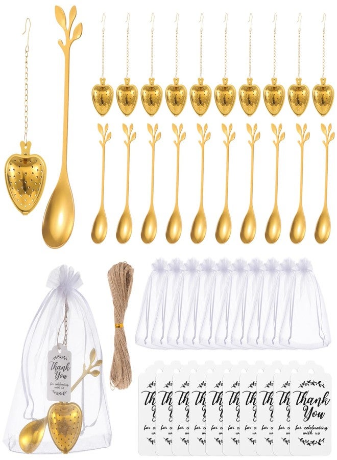 Homaisson 25 Sets Bridal Shower Tea Party Favor for Guest Leaf Tea Spoon Heart Shape Infuser Ball for Loose with Thank You Card Organza Bag Wedding Souvenir Gift(Gold) - Image 5