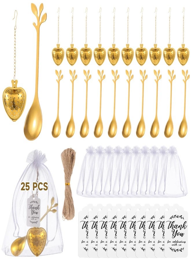 Homaisson 25 Sets Bridal Shower Tea Party Favor for Guest Leaf Tea Spoon Heart Shape Infuser Ball for Loose with Thank You Card Organza Bag Wedding Souvenir Gift(Gold) - Image 1