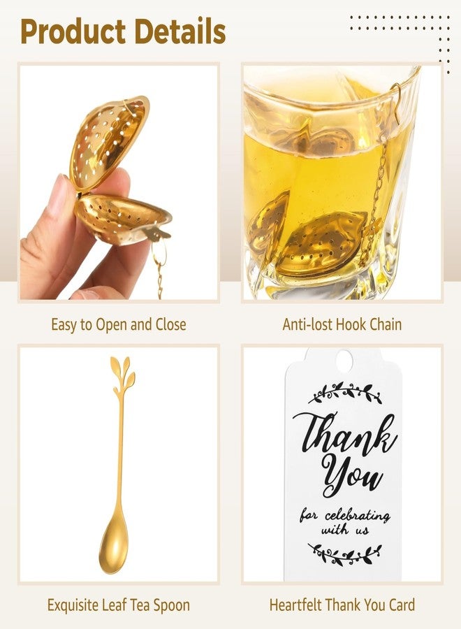 Homaisson 25 Sets Bridal Shower Tea Party Favor for Guest Leaf Tea Spoon Heart Shape Infuser Ball for Loose with Thank You Card Organza Bag Wedding Souvenir Gift(Gold) - Image 2