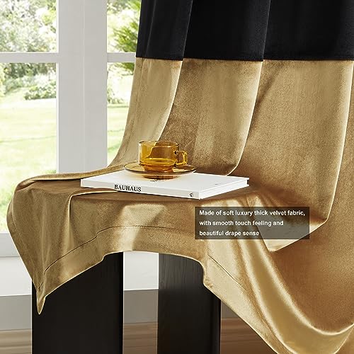 BULBUL Black Gold Color Block Window Curtains Panels 84 inches Long Velvet Farmhouse Drapes for Bedroom Living Room Darkening Treatment with Grommet Set of Black Gold - Image 5