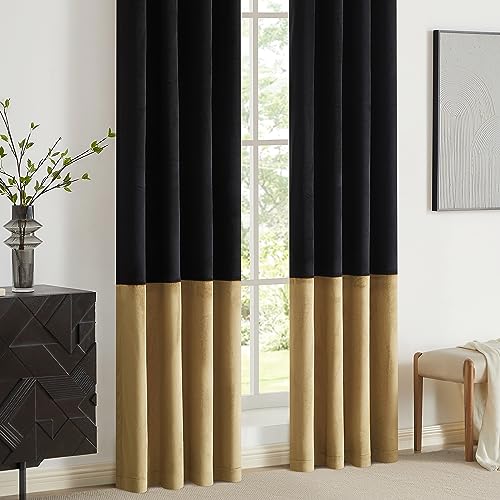 BULBUL Black Gold Color Block Window Curtains Panels 84 inches Long Velvet Farmhouse Drapes for Bedroom Living Room Darkening Treatment with Grommet Set of Black Gold - Image 4
