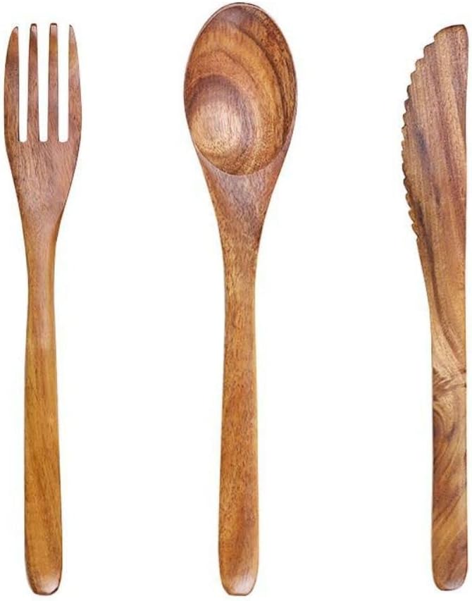 Kopida Wooden Spoon Fork Knife Cutlery Set Natural Acacia Wooden Dinner Utensil Set Kitchen Wooden Flatware Tableware Cutlery Set 3 Pieces - Image 1