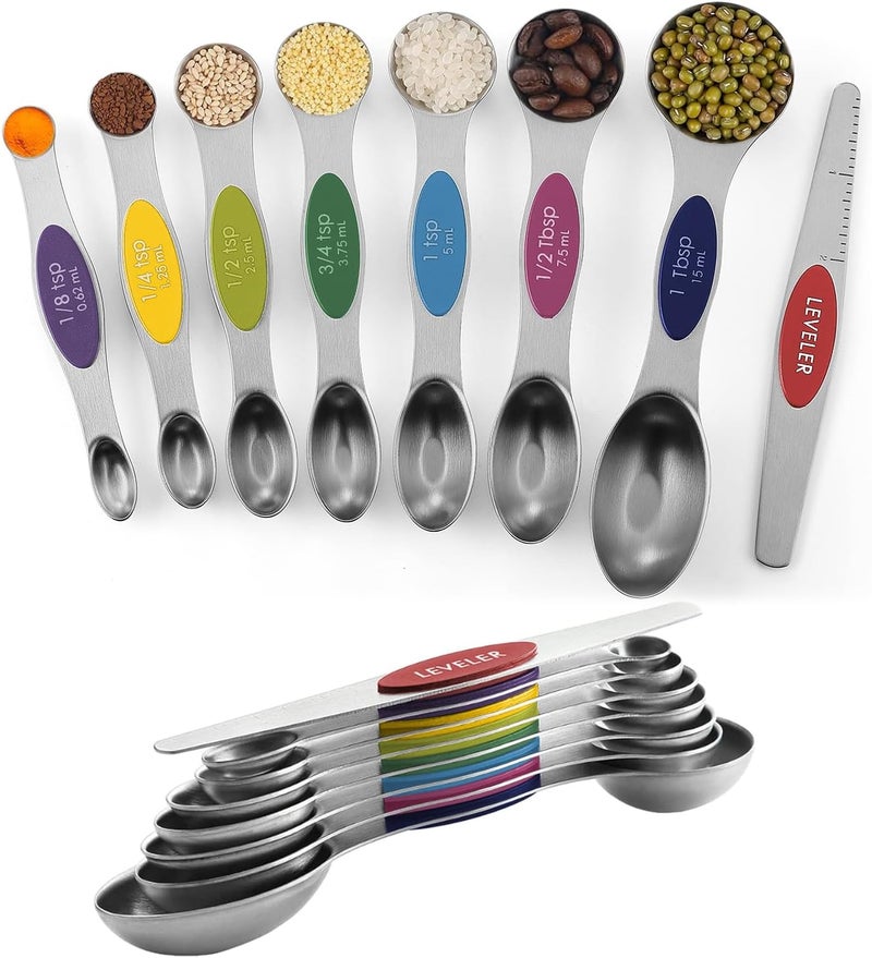 ChefAide Pack of 8 Stainless Steel Magnetic Measuring Spoons Set, Dual Sided, Stackable, Adjustable Teaspoon and Tablespoon Measure Spoon with Leveler, Kitchen Gadgets - Image 1