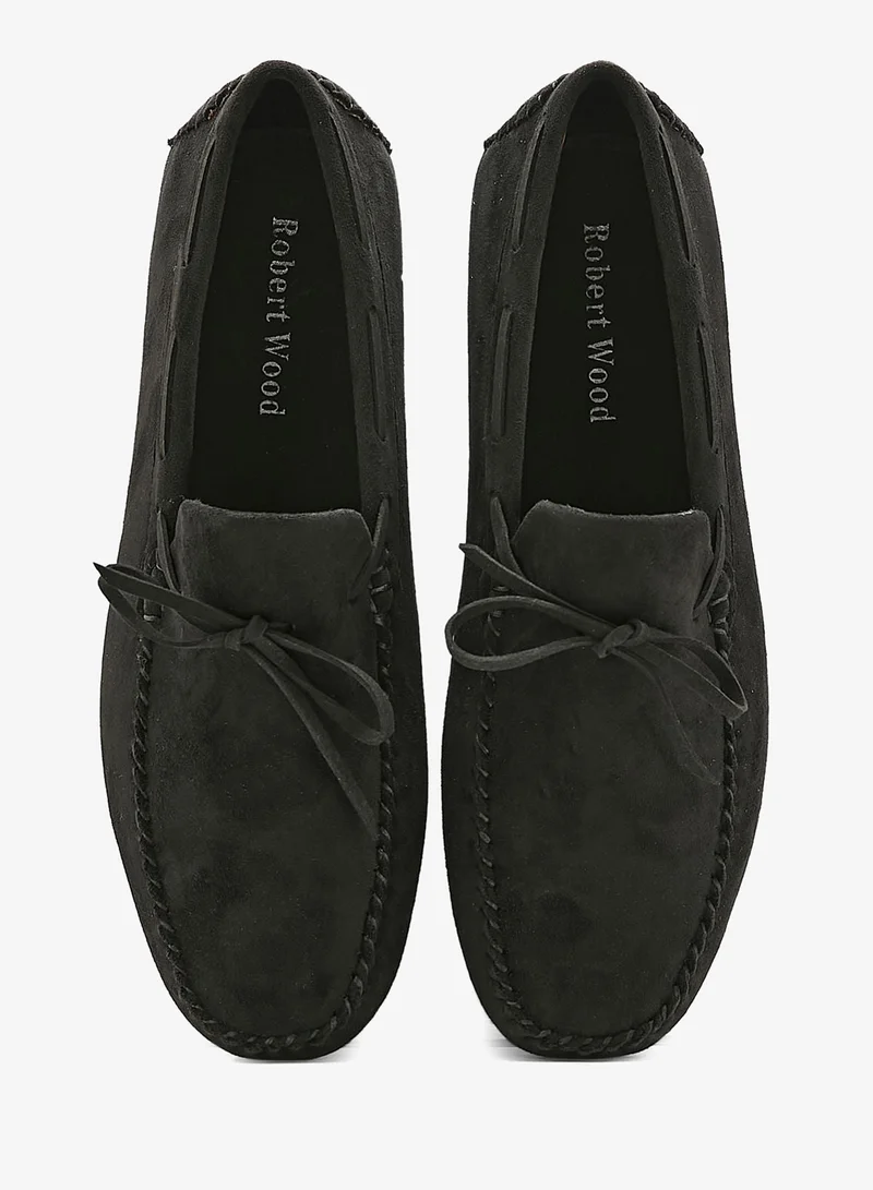 Robert Wood Black Faux Suede Bow Loafers for Men | Best Price UAE