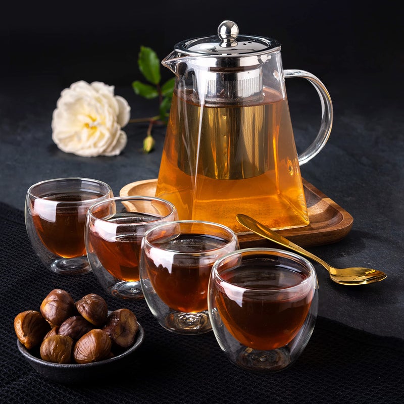 Mixpresso 5 Piece Glass Tea Pot Set, Kettle with Removable Infuser, Clear Glass Teapot 33oz With 4 Double Wall Cups 2.7oz Stovetop Safe Teapot For Loose Leaf Tea, Perfct As Tea Gift Sets. - Image 5