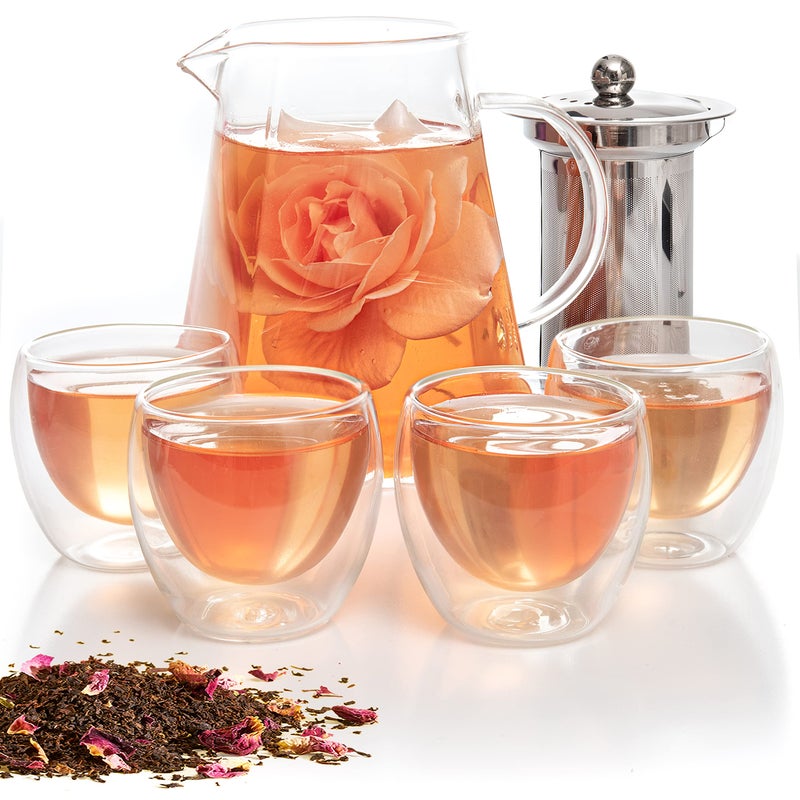 Mixpresso 5 Piece Glass Tea Pot Set, Kettle with Removable Infuser, Clear Glass Teapot 33oz With 4 Double Wall Cups 2.7oz Stovetop Safe Teapot For Loose Leaf Tea, Perfct As Tea Gift Sets. - Image 1