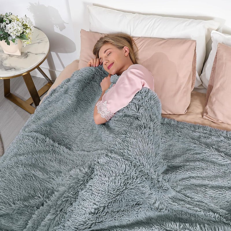 Tuddrom Decorative Extra Soft Faux Fur Blanket Twin Size 70"x78",Solid Reversible Fuzzy Long Hair Shaggy Blanket,Fluffy Cozy Plush Fleece Comfy Microfiber Fur Blanket for Couch Sofa Bed,Gray Blue - Image 3