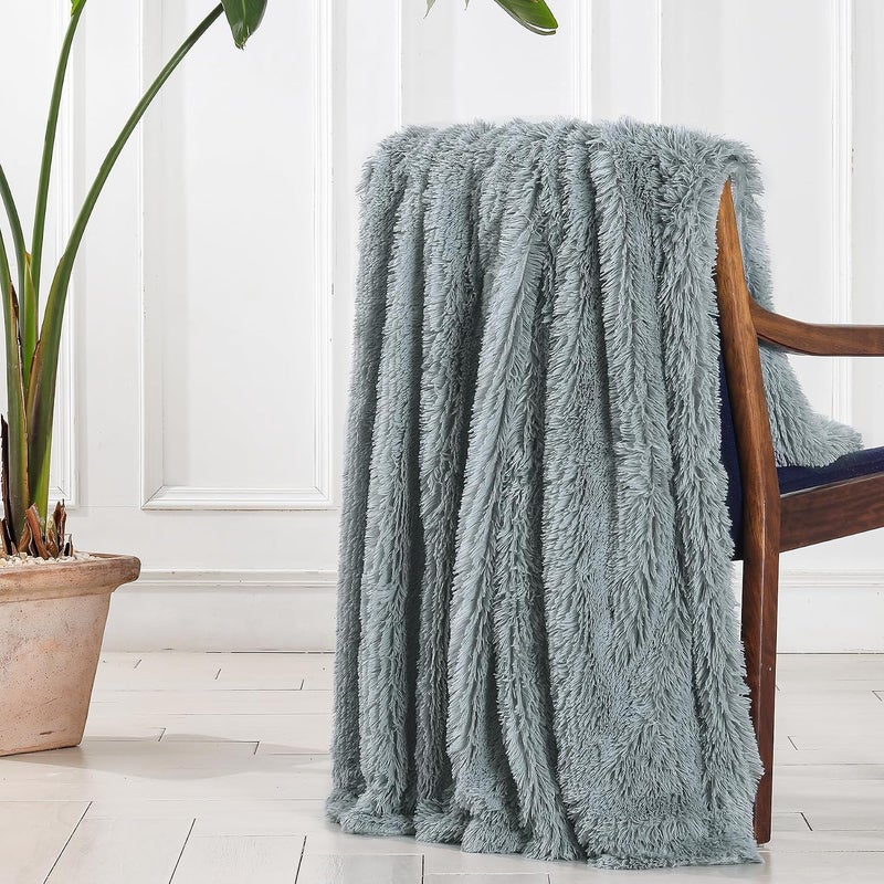 Tuddrom Decorative Extra Soft Faux Fur Blanket Twin Size 70"x78",Solid Reversible Fuzzy Long Hair Shaggy Blanket,Fluffy Cozy Plush Fleece Comfy Microfiber Fur Blanket for Couch Sofa Bed,Gray Blue - Image 5