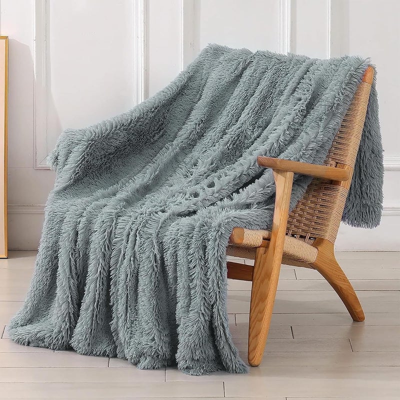 Tuddrom Decorative Extra Soft Faux Fur Blanket Twin Size 70"x78",Solid Reversible Fuzzy Long Hair Shaggy Blanket,Fluffy Cozy Plush Fleece Comfy Microfiber Fur Blanket for Couch Sofa Bed,Gray Blue - Image 1