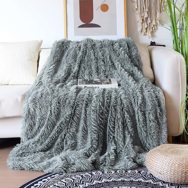 Tuddrom Decorative Extra Soft Faux Fur Blanket Twin Size 70"x78",Solid Reversible Fuzzy Long Hair Shaggy Blanket,Fluffy Cozy Plush Fleece Comfy Microfiber Fur Blanket for Couch Sofa Bed,Gray Blue - Image 2