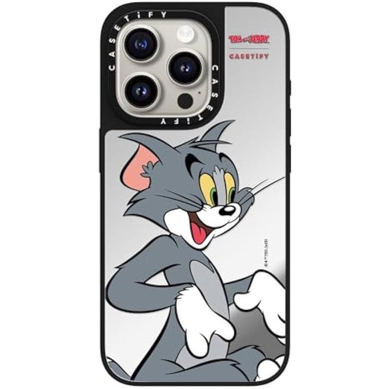 Casetify Mirror Case for iPhone 15 Pro 【Tom and Jerry Colab/Reflective / 4.9ft Drop Protection/Compatible with Magsafe】 - Tom Character - Silver on Black - Image 5