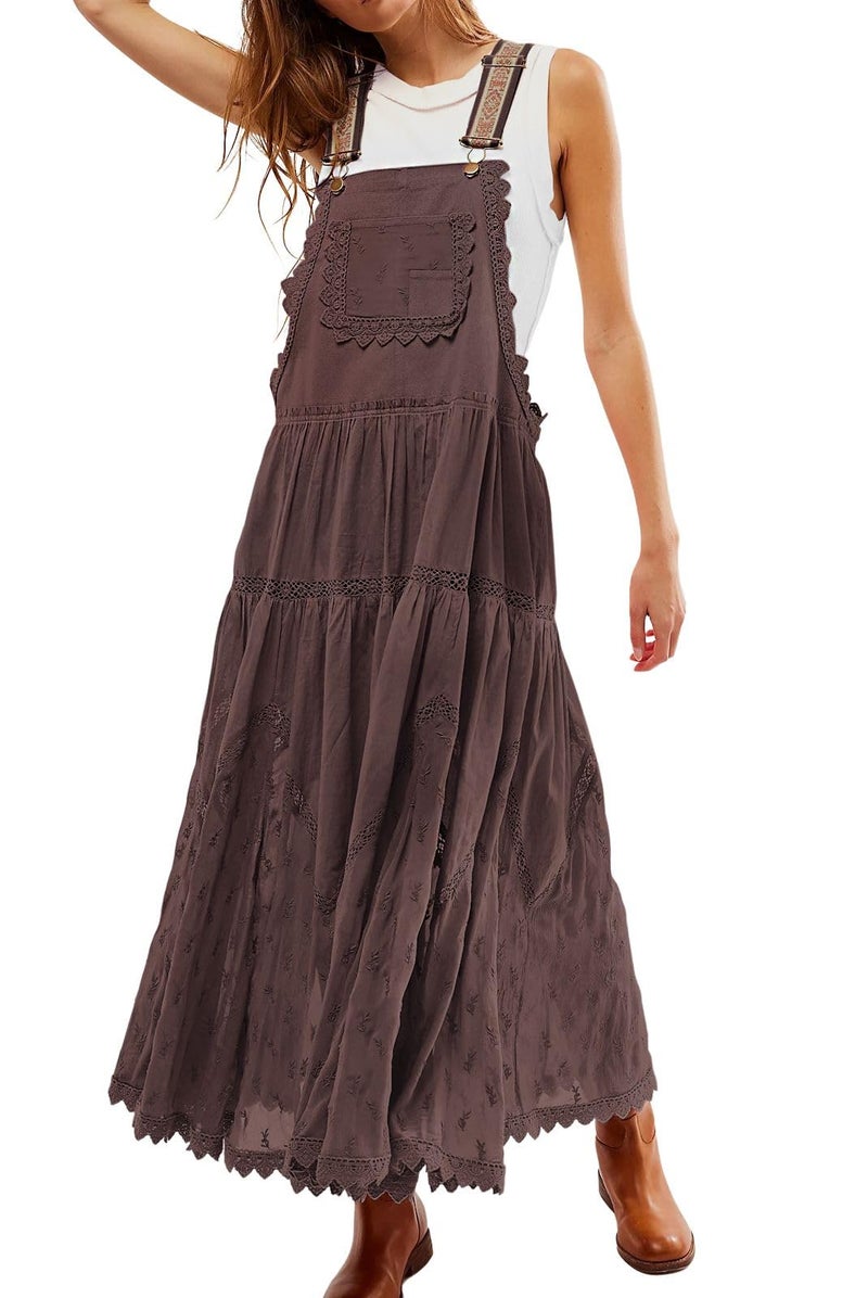 loveimgs Women's Casual Lace Embroidered Maxi Dress Adjustable Strap Pleated Tiered Swing Long Dress with Pockets (Large,Coffee) - Image 1
