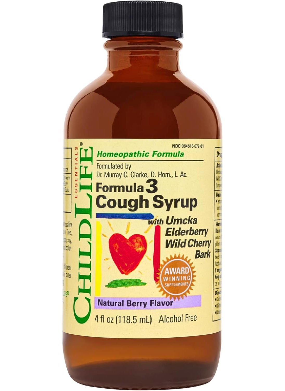CHILDLIFE ESSENTIALS CHILDLIFE Essentials Formula 3 Kids Cough Syrup - Cough Medicine for Kids 2-11, Children's Cough Medicine, Medicine with Umcka, Elderberry & Wild Cherry Bark, Gluten Free - Natural Berry, 4 Fl Oz 