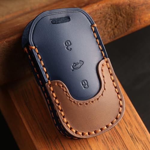 Keyzone Dual Leather Key Cover for Thar, Scorpio, Bolero, XUV700, XUV400, XUV300, TUV300, Marazzo 3 Button flip Key (Push Button Start Models only) (Blue-Brown) - Image 2
