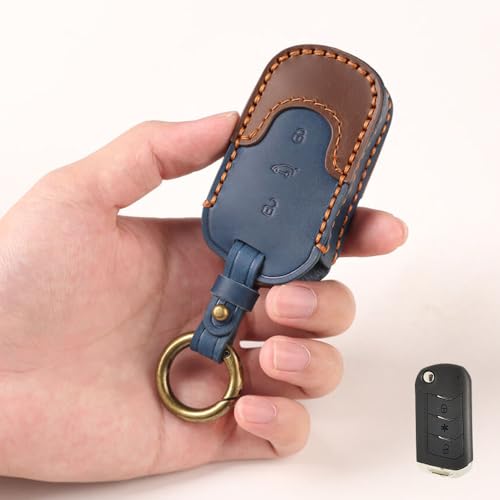 Keyzone Dual Leather Key Cover for Thar, Scorpio, Bolero, XUV700, XUV400, XUV300, TUV300, Marazzo 3 Button flip Key (Push Button Start Models only) (Blue-Brown) - Image 1