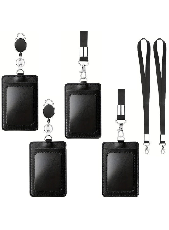 حامل شارة أسود، حامل بطاقة هوية من جلد البولي يوريثان من جلد البولي يوريثان مع نافذة بطاقة هوية شفافة واحدة، مع حزام حبل رقبة قابل للفصل وحامل بطاقة هوية بكرة شارة قابل للسحب ， 4 قطع - Image 1