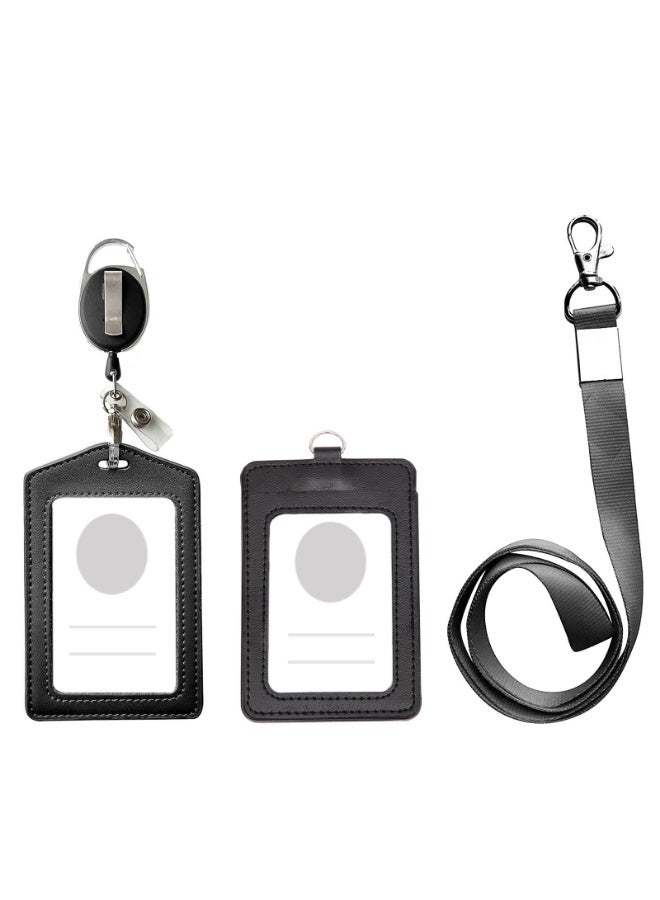 حامل شارة أسود، حامل بطاقة هوية من جلد البولي يوريثان من جلد البولي يوريثان مع نافذة بطاقة هوية شفافة واحدة، مع حزام حبل رقبة قابل للفصل وحامل بطاقة هوية بكرة شارة قابل للسحب ， 4 قطع - Image 3