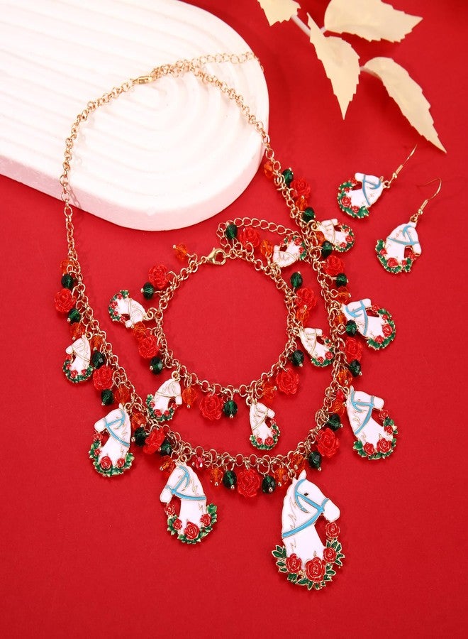 PHALIN Kentucky Derby Jewelry Set for Women Horse Horseshoe Choker Necklace Charm Bracelet Dangle Earrings Kentucky Derby Outfits Jewelry Gifts (Style F) - Image 2