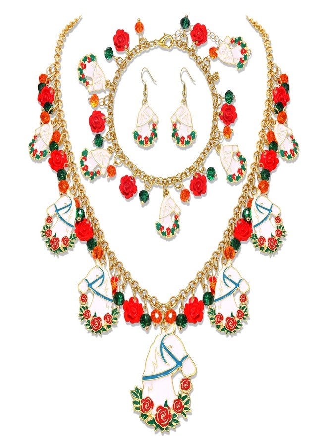 PHALIN Kentucky Derby Jewelry Set for Women Horse Horseshoe Choker Necklace Charm Bracelet Dangle Earrings Kentucky Derby Outfits Jewelry Gifts (Style F) - Image 1