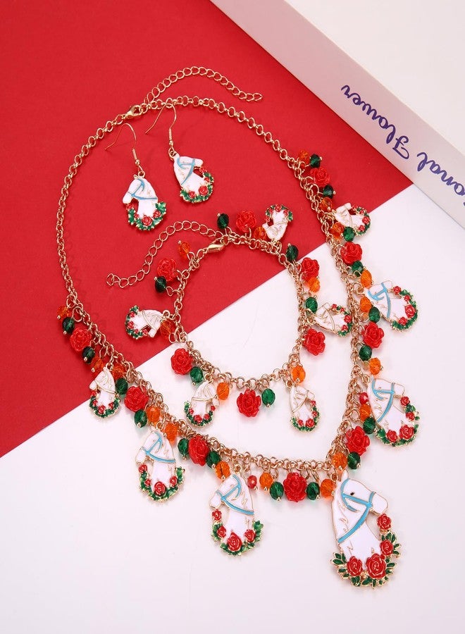 PHALIN Kentucky Derby Jewelry Set for Women Horse Horseshoe Choker Necklace Charm Bracelet Dangle Earrings Kentucky Derby Outfits Jewelry Gifts (Style F) - Image 4