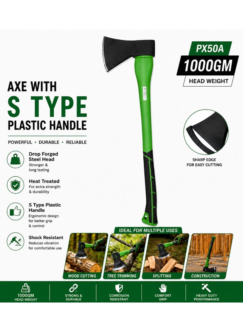Perfect 1000GM Heavy Duty S-Type Axe with Ergonomic Plastic Handle | Drop Forged Heat-Treated Steel Head | Wood Cutting, Splitting & Tree Trimming Axe - Image 1