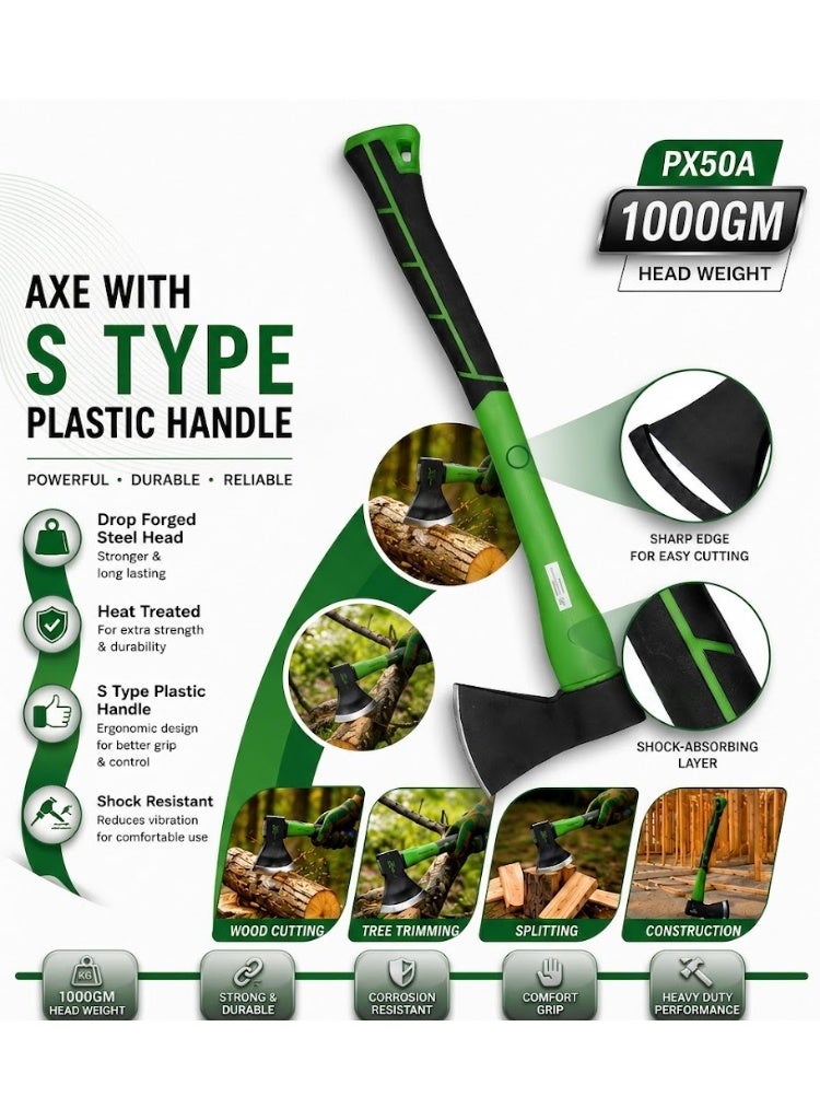 Perfect 1000GM Heavy Duty S-Type Axe with Ergonomic Plastic Handle | Drop Forged Heat-Treated Steel Head | Wood Cutting, Splitting & Tree Trimming Axe - Image 2
