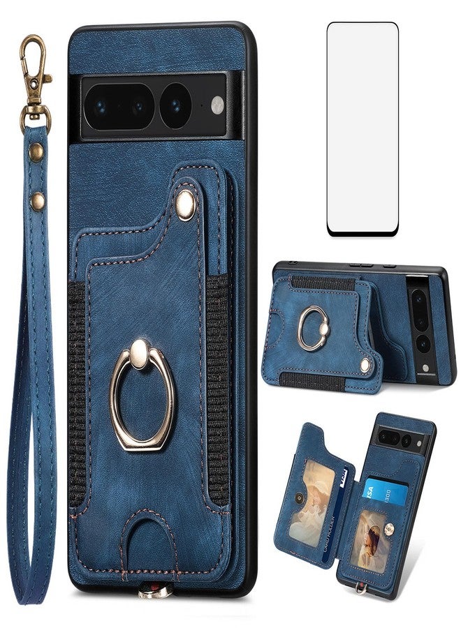 Asuwish Phone Case for Google Pixel 7 Pro 5G Wallet Cover with Screen Protector and Wrist Strap Lanyard RFID Credit Card Holder Ring Stand Cell Accessories Pixel7Pro Pixel7 XL Seven 7Pro 6.7 Women Men Blue - Image 1
