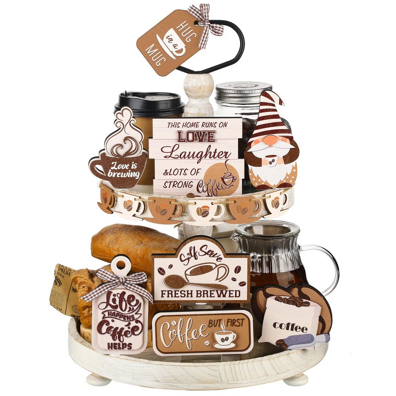 14 Pieces Coffee Tiered Tray Decor Set Coffee Wood Signs Rustic Trays Decor for Summer Home Kitchen Table