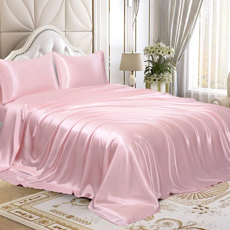 Homiest 4pcs Satin Sheets Set Luxury Silky Satin Bedding Set with Deep Pocket 1 Fitted Sheet  1 Flat Sheet  2 Pillowcases Queen Size Blush Pink