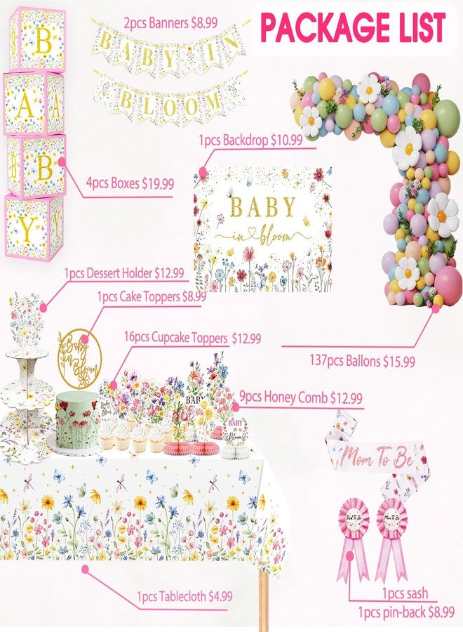 OUNIY Baby In Bloom Baby Shower Decorations, 175Pcs All in One Set Wildflower Baby Shower Decorations Boxes Banner Backdrop Tablecloth Cake Topper Balloon Sash for Floral Baby in Bloom Shower Party Girls - Image 2