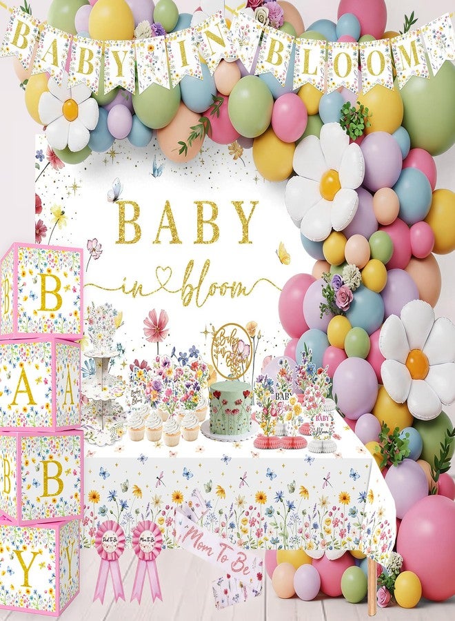 OUNIY Baby In Bloom Baby Shower Decorations, 175Pcs All in One Set Wildflower Baby Shower Decorations Boxes Banner Backdrop Tablecloth Cake Topper Balloon Sash for Floral Baby in Bloom Shower Party Girls - Image 1