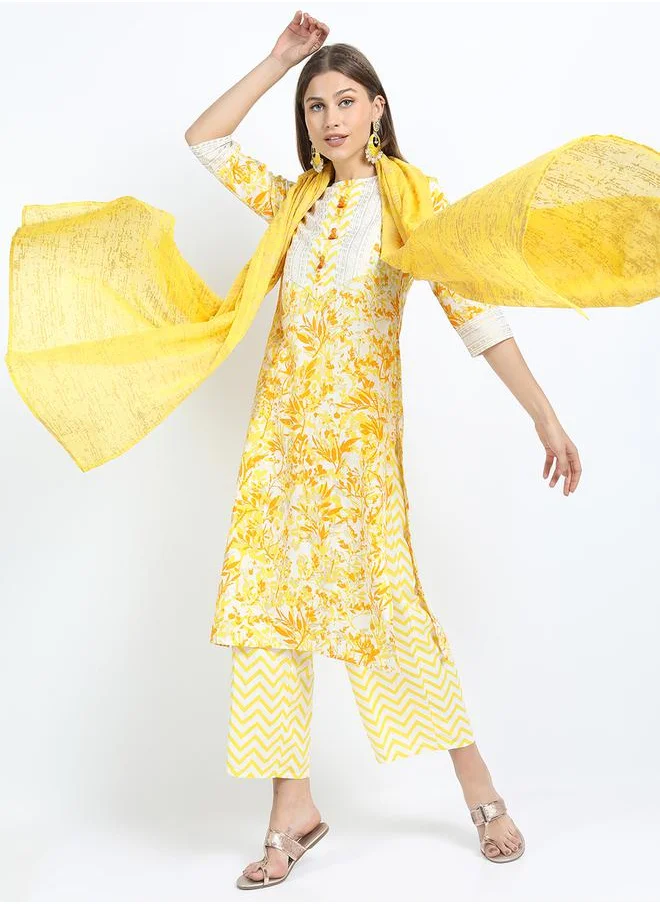فيشود Women Yellow Printed Kurta Set by Styli