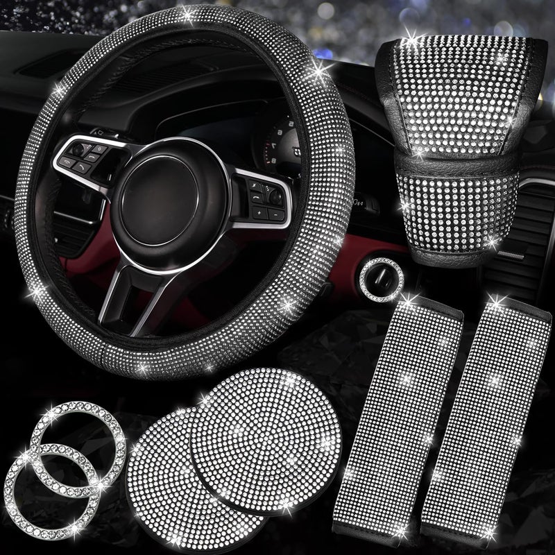 NBTEPEM 8 pcs Bling Car Accessories Set for Women Steering Wheel Cover Sparkly Seat Belt Covers Bling Gear Shift Cover Universal Fit Most Cars Silver Diamond