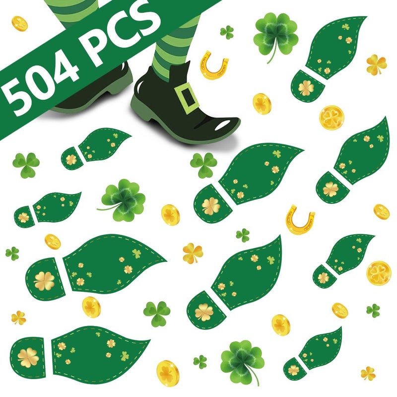 jollylife 504PCS St Patricks Day Decorations Leprechaun Footprints Floor Decals Shamrock Gold Coin Party Decorations Stickers