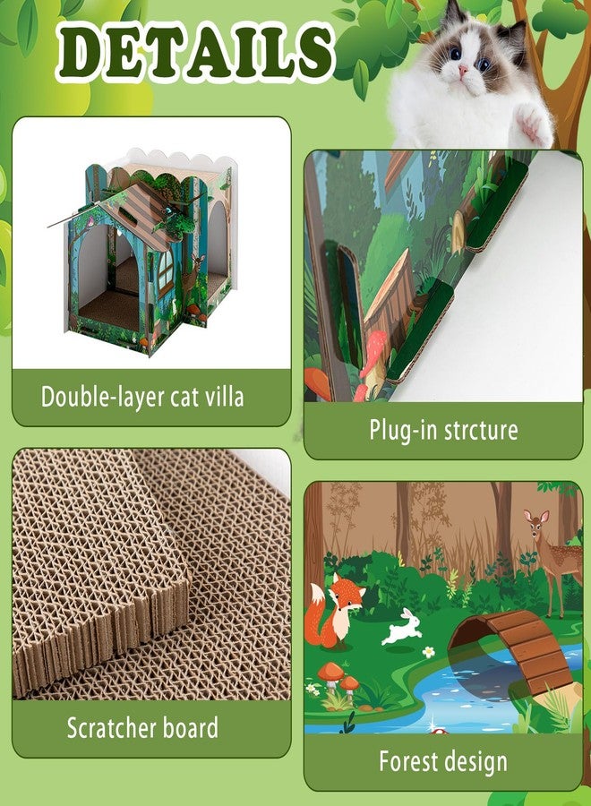 Lineshading 2 Story Cardboard Cat House with Scratcher Pad, Multi Level Durable Cat Scratcher House for Small Kitten Bunny Rabbit Animals Christmas Birthday Gift(17x12x10,Forest) - Image 3