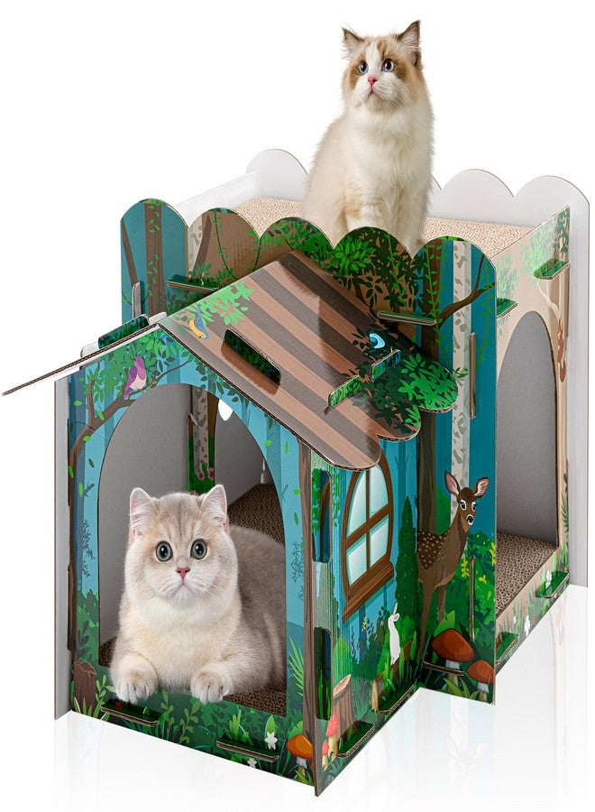 Lineshading 2 Story Cardboard Cat House with Scratcher Pad, Multi Level Durable Cat Scratcher House for Small Kitten Bunny Rabbit Animals Christmas Birthday Gift(17x12x10,Forest) - Image 1