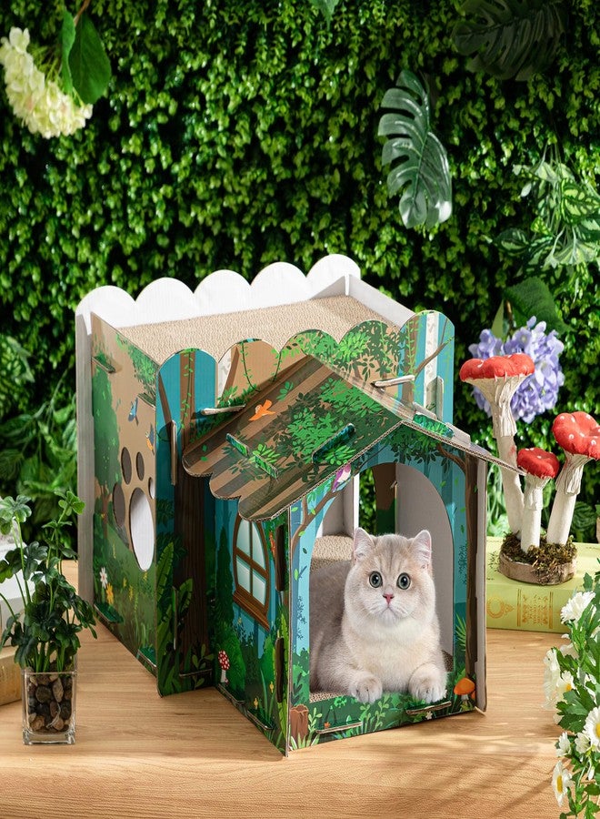 Lineshading 2 Story Cardboard Cat House with Scratcher Pad, Multi Level Durable Cat Scratcher House for Small Kitten Bunny Rabbit Animals Christmas Birthday Gift(17x12x10,Forest) - Image 4