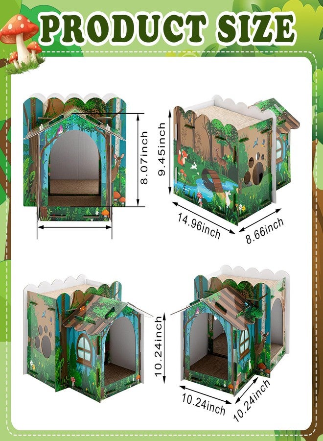 Lineshading 2 Story Cardboard Cat House with Scratcher Pad, Multi Level Durable Cat Scratcher House for Small Kitten Bunny Rabbit Animals Christmas Birthday Gift(17x12x10,Forest) - Image 2
