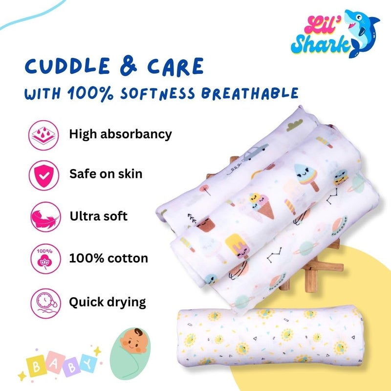 Lil' Shark Cotton Muslin Baby Swaddle Set | Printed on White | 0-18 Months (2, Combo 1, Full) - Image 3