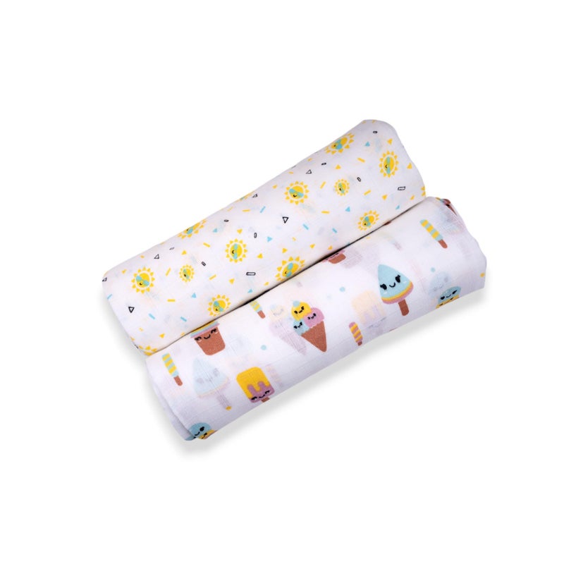 Lil' Shark Cotton Muslin Baby Swaddle Set | Printed on White | 0-18 Months (2, Combo 1, Full) - Image 1