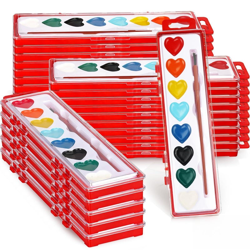 Dcocdeely 25 Pcs 8 Colors Heart Watercolor Paint Set Washable Watercolor Paint with Brushes Valentines Day Gifts for Art Activities Painting Party Craft Accessories (25, Red) - Image 1