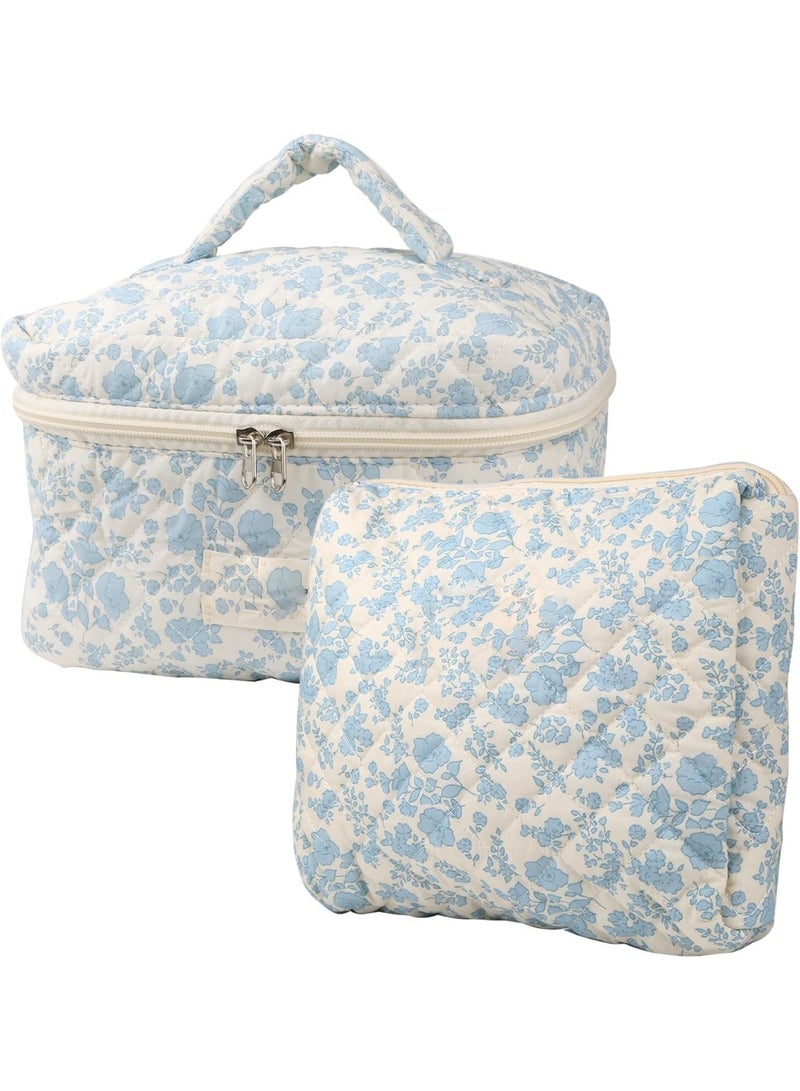 2 Pcs Cute Makeup Bag for Women, Travel Cosmetic Bags, Quilted Coquette Aesthetic Floral Toiletry Organizer Bag, Large Capacity, for Travel, Weekends, Etc, Navy Blue Flower - Image 1