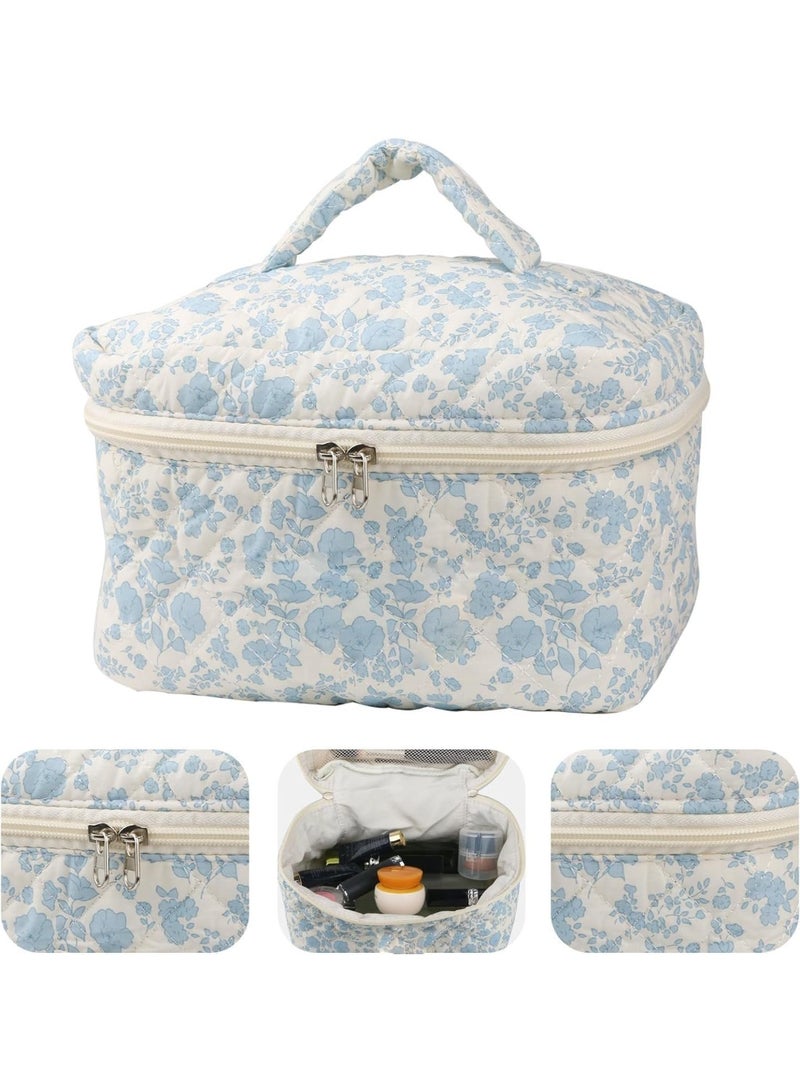 2 Pcs Cute Makeup Bag for Women, Travel Cosmetic Bags, Quilted Coquette Aesthetic Floral Toiletry Organizer Bag, Large Capacity, for Travel, Weekends, Etc, Navy Blue Flower - Image 3