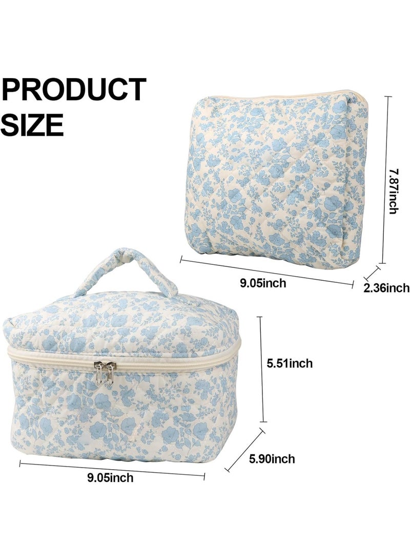 2 Pcs Cute Makeup Bag for Women, Travel Cosmetic Bags, Quilted Coquette Aesthetic Floral Toiletry Organizer Bag, Large Capacity, for Travel, Weekends, Etc, Navy Blue Flower - Image 2