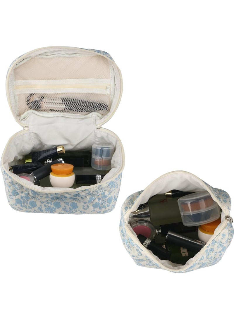 2 Pcs Cute Makeup Bag for Women, Travel Cosmetic Bags, Quilted Coquette Aesthetic Floral Toiletry Organizer Bag, Large Capacity, for Travel, Weekends, Etc, Navy Blue Flower - Image 5