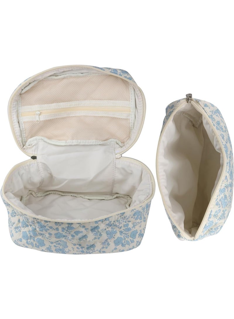 2 Pcs Cute Makeup Bag for Women, Travel Cosmetic Bags, Quilted Coquette Aesthetic Floral Toiletry Organizer Bag, Large Capacity, for Travel, Weekends, Etc, Navy Blue Flower - Image 4