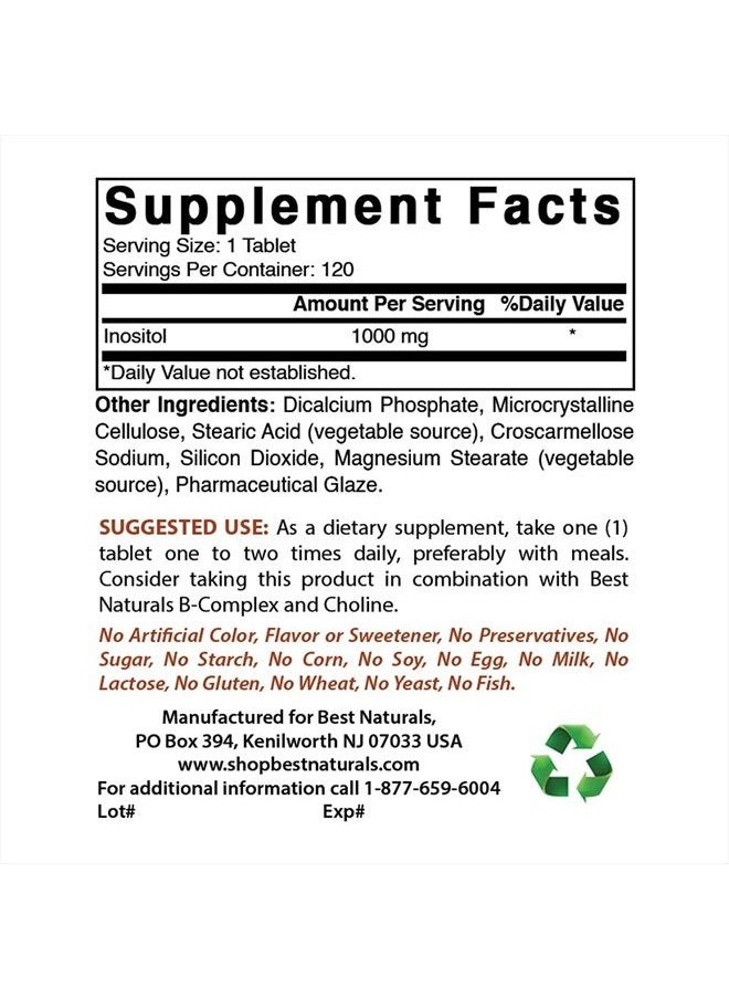 Best Naturals - Inositol 1000mg 120 Tablets - Also Called Vitamin B8 - Image 1