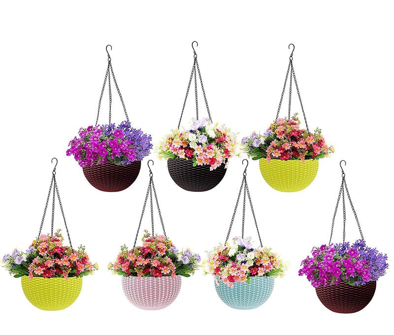 Go Hooked Round Rattan Woven Plastic Hanging Pots, Hanging Planters for Plants, Multicolor Hanging Pots for Garden, Balcony, Patio (Pack of 7) (7.1" in Diameter) - Image 3