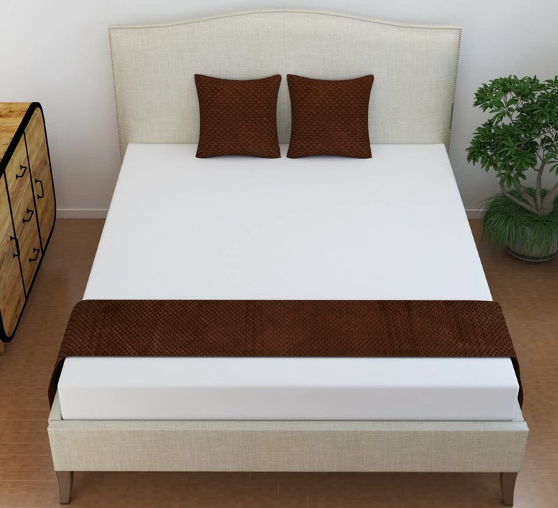 AaHo Decor AaHo Decor Bed Runner Pack of 3 Including 1 Bed Runner with 2 Cushion Covers Velvet Checkered Pattern Bed Runner 18 x 84 Inches Brown  - Image 1